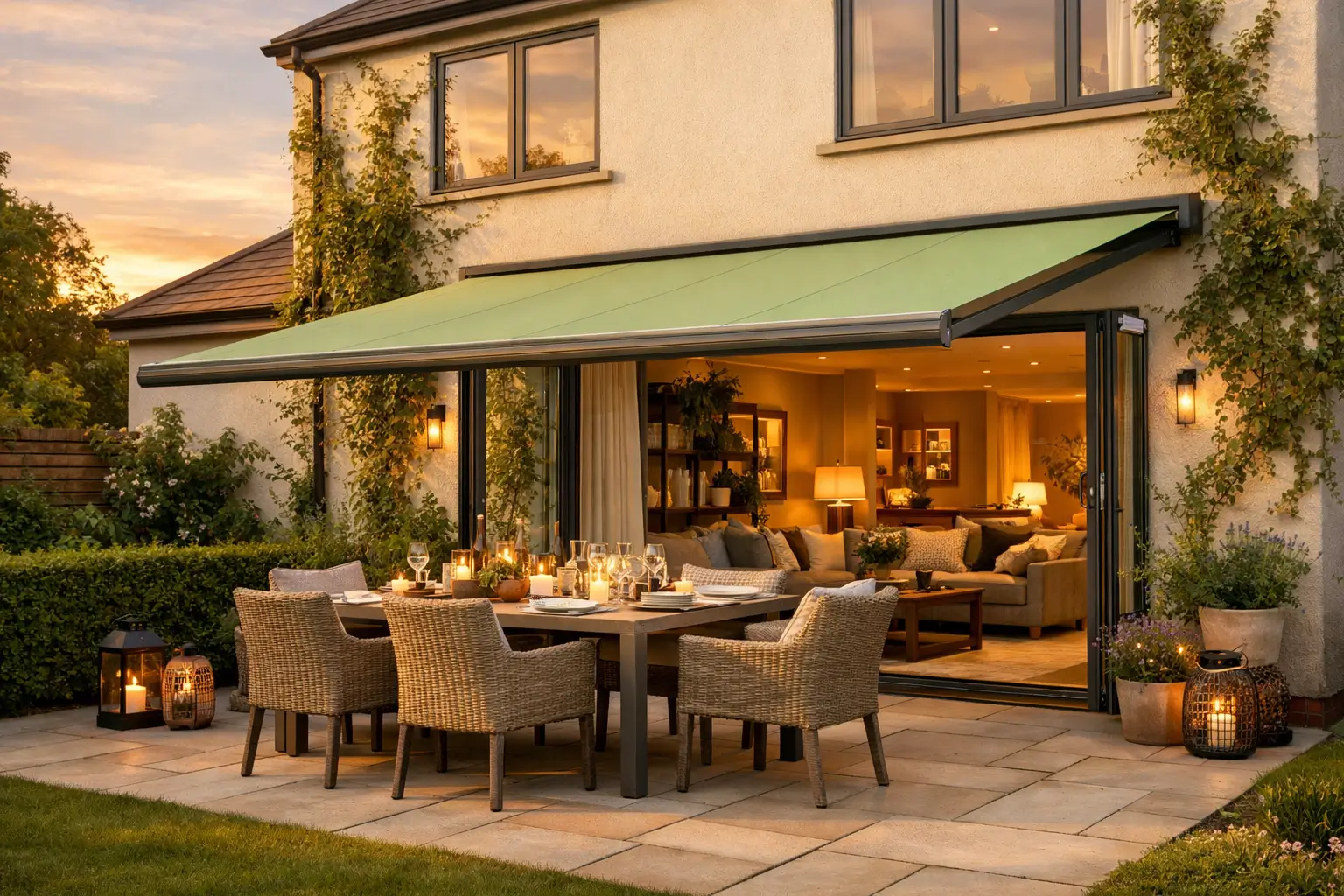 SEO for outdoor living companies featuring a retractable awning and outdoor dining area designed to capture high intent home improvement searches.