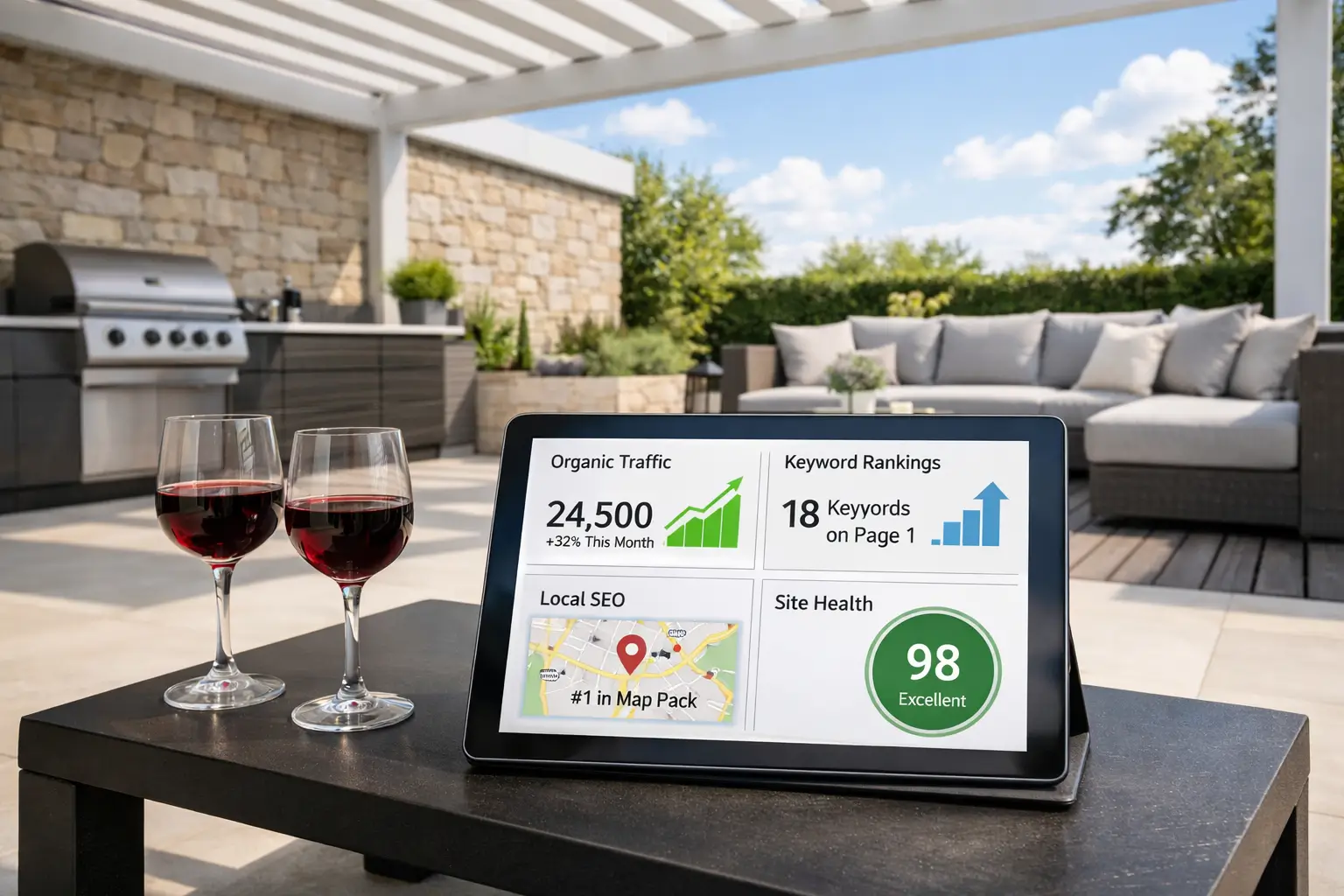 SEO services for outdoor living companies showing organic traffic growth, keyword rankings and local SEO results within a modern pergola and outdoor kitchen setting.