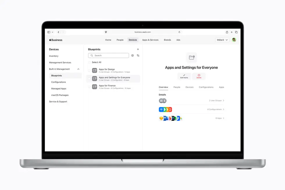 Apple Business blueprints dashboard on MacBook showing device management settings, app configurations and business deployment tools
