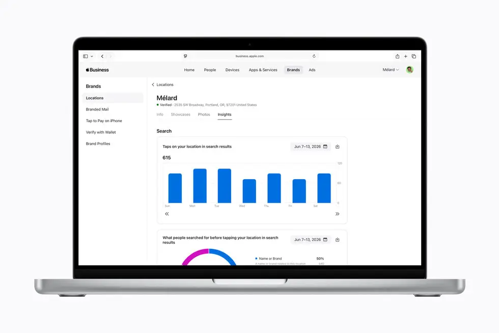 Apple Business insights dashboard showing location search analytics, user engagement data and performance metrics on MacBook