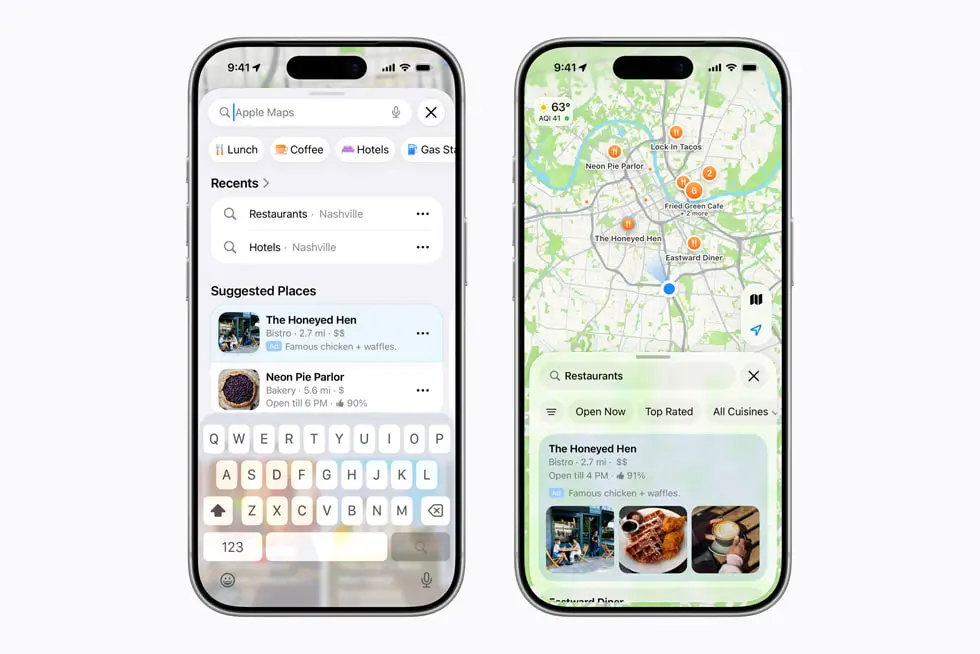 Apple Maps search results on iPhone showing local business listings, map locations and suggested places for restaurants