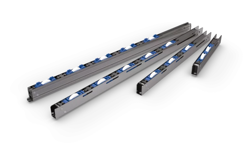 Architectural hardware marketing image showing Glide Hardware sliding door roller systems used in modern door and window hardware installations.