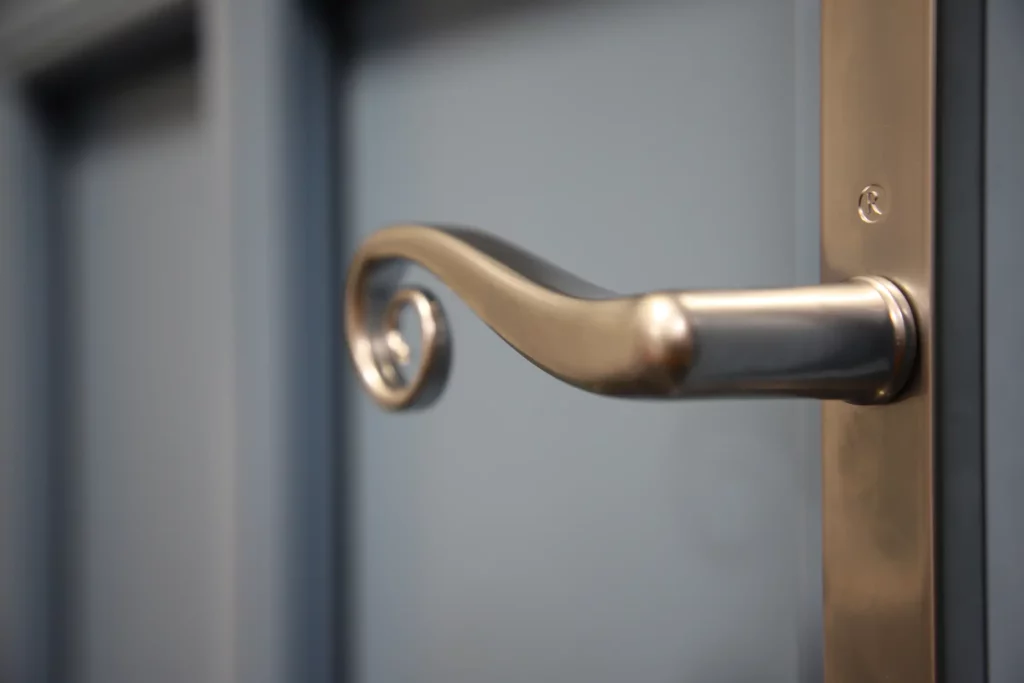 Architectural hardware marketing example showing a Regal door handle by Window Ware installed on a modern door with brushed metal finish and architectural backplate.