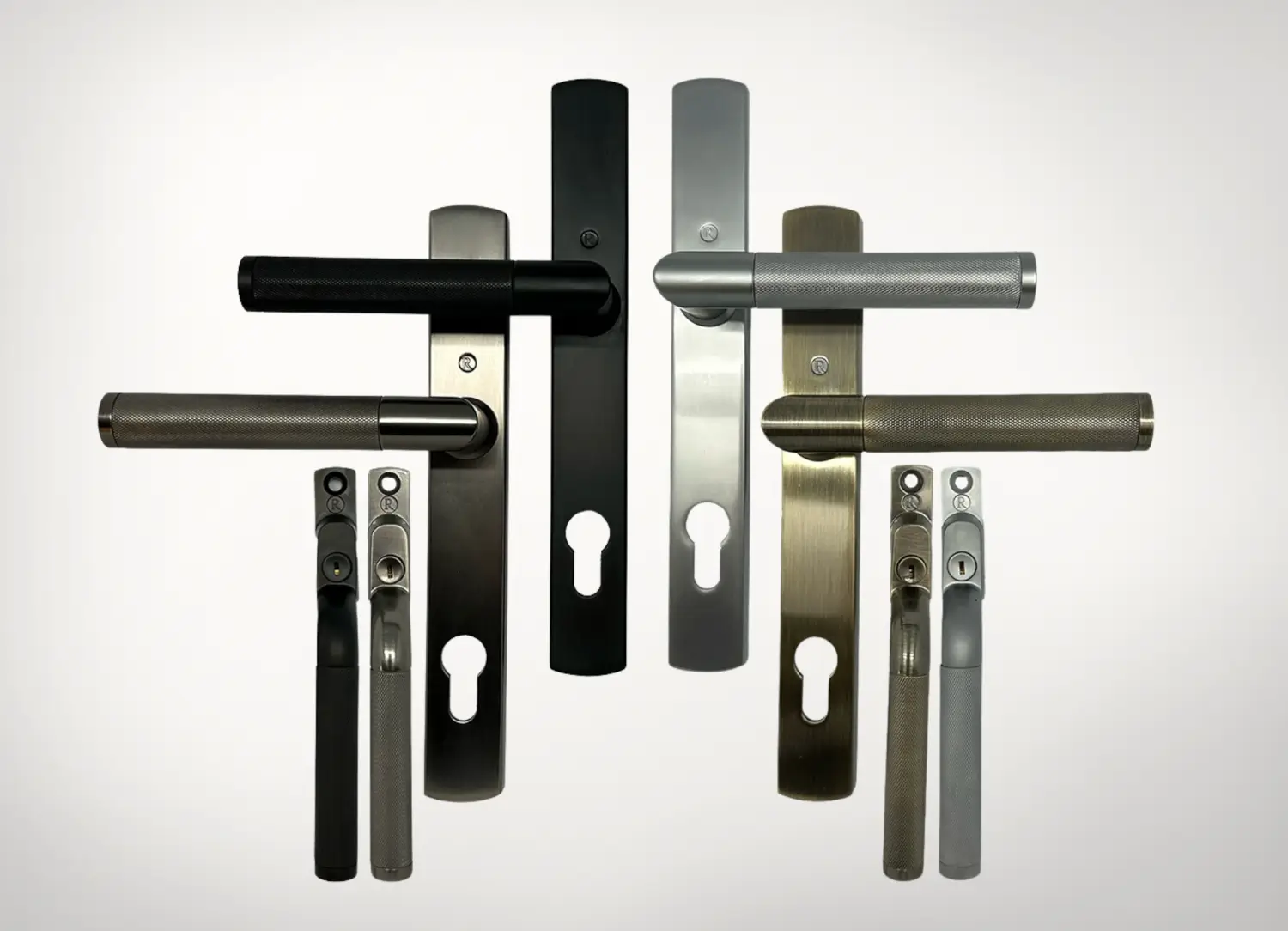Architectural hardware marketing example showing Regal Hardware knurled door handle range by Window Ware with multiple finishes and backplate styles for commercial and residential door specification.