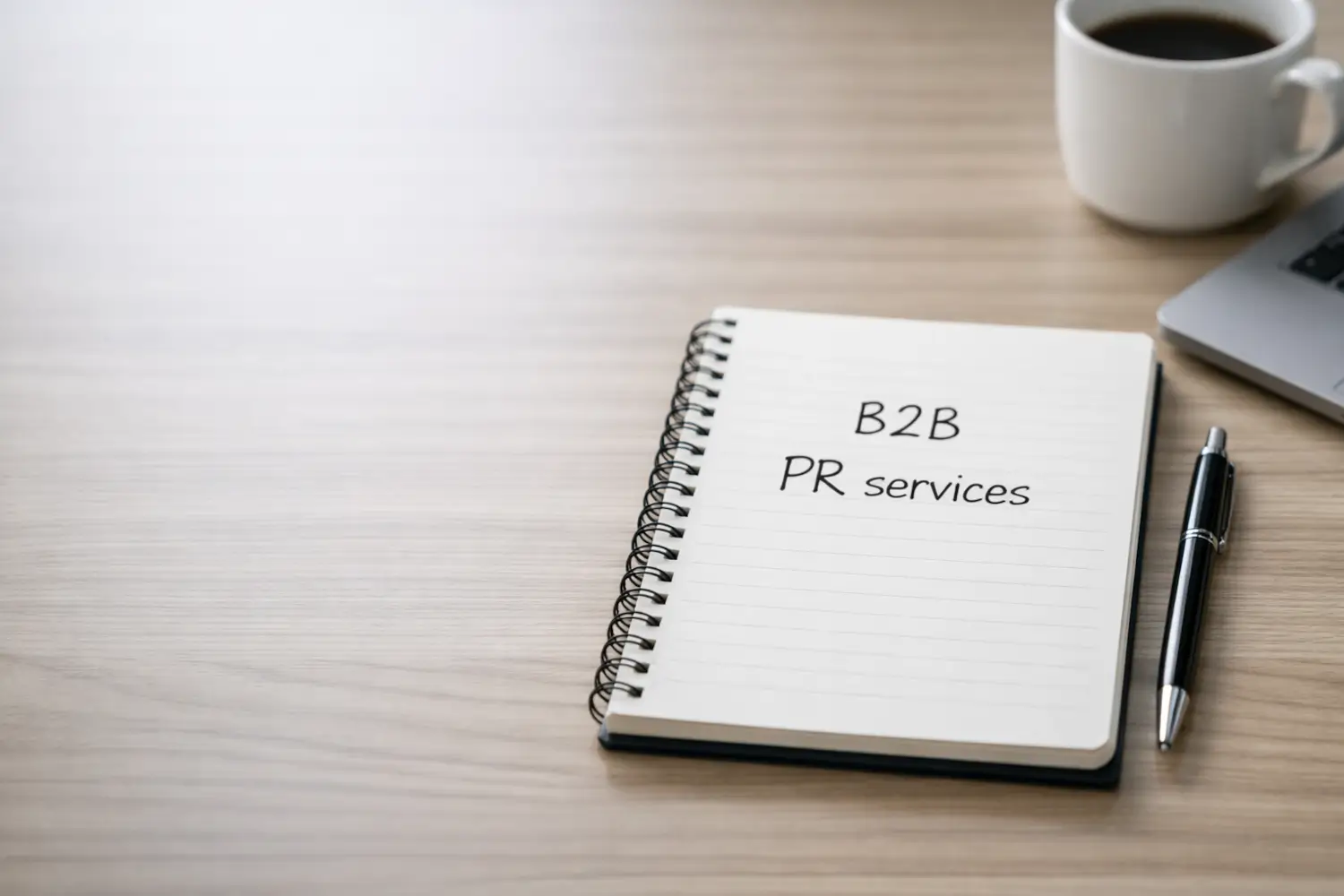 B2B PR services planning written in a notebook on a desk with pen, laptop and coffee in a professional office