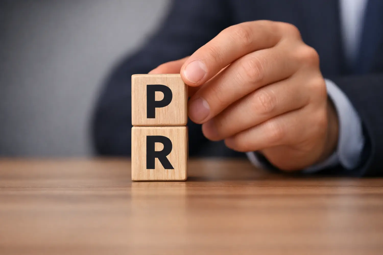 B2B PR services concept with wooden blocks spelling PR being positioned by a hand on a desk