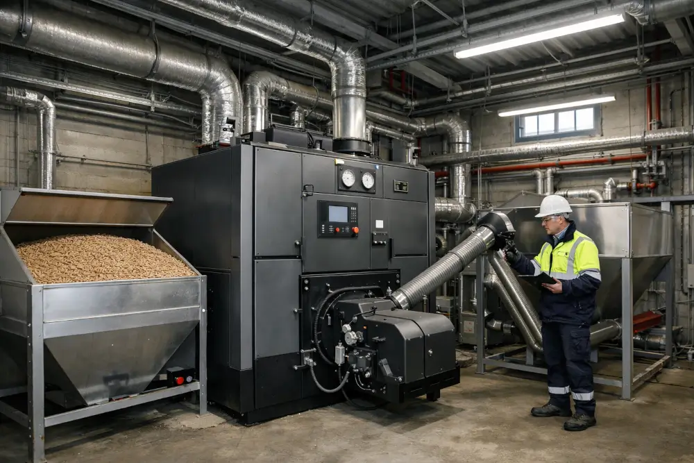 Biomass energy commercial boiler system with wood pellet storage hopper and engineer performing maintenance in industrial plant room.