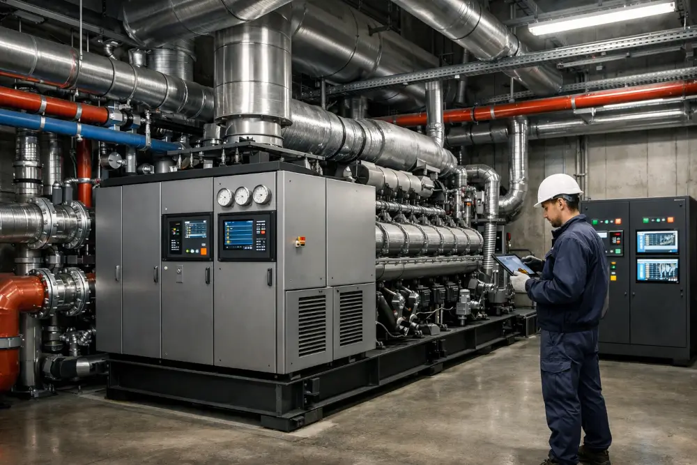 Combined heat and power CHP system in industrial plant room with engineer monitoring system performance and control panels.