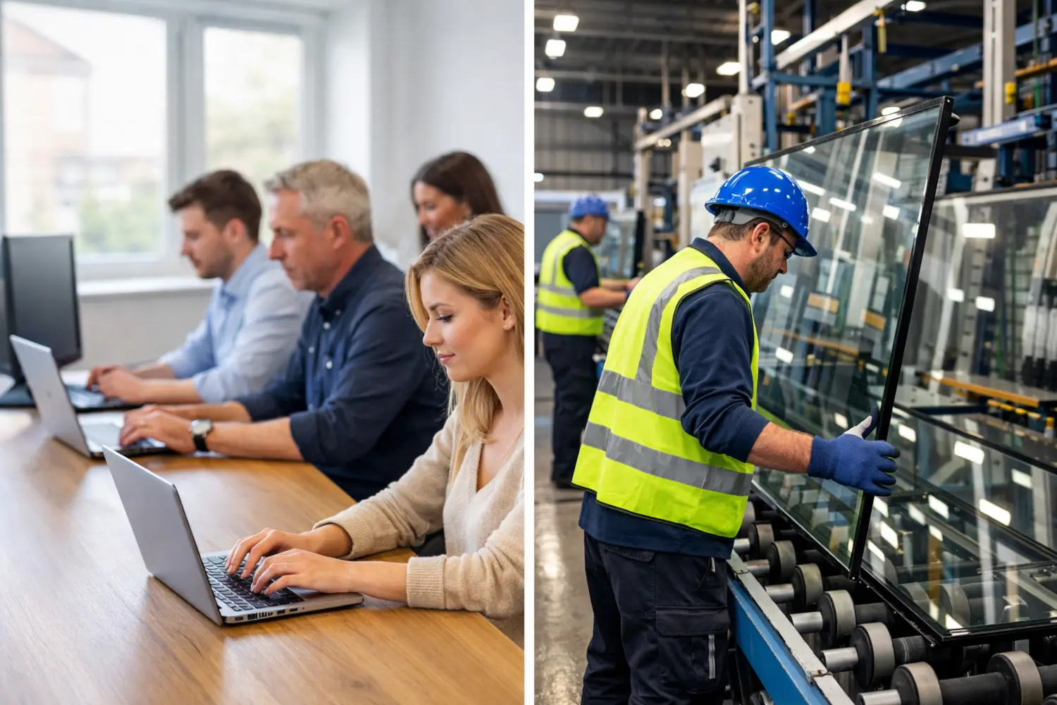 Content marketing for IGU manufacturers shown as split image with office team working on laptops and insulated glass unit production line in factory.