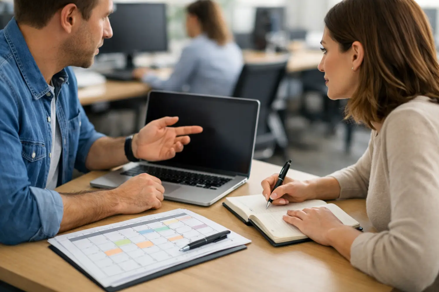 Email marketing services strategy meeting with marketing team planning campaigns using a laptop and campaign calendar in a modern office.