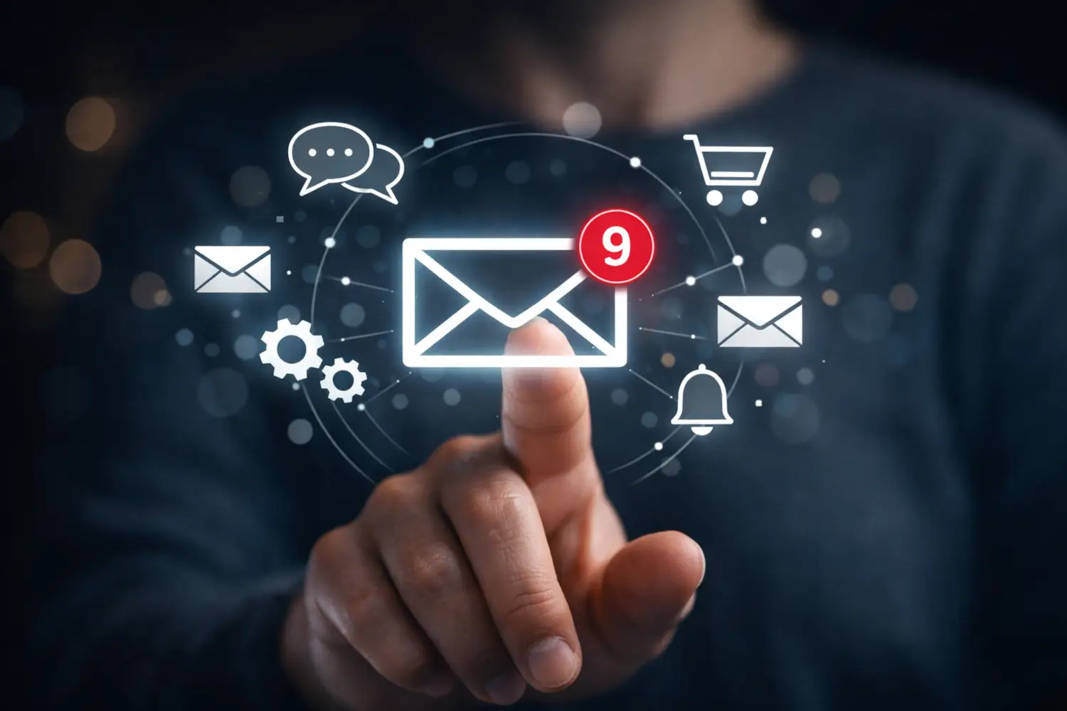 Email marketing services interface showing a digital email notification icon with unread messages as a user selects the email communication system.