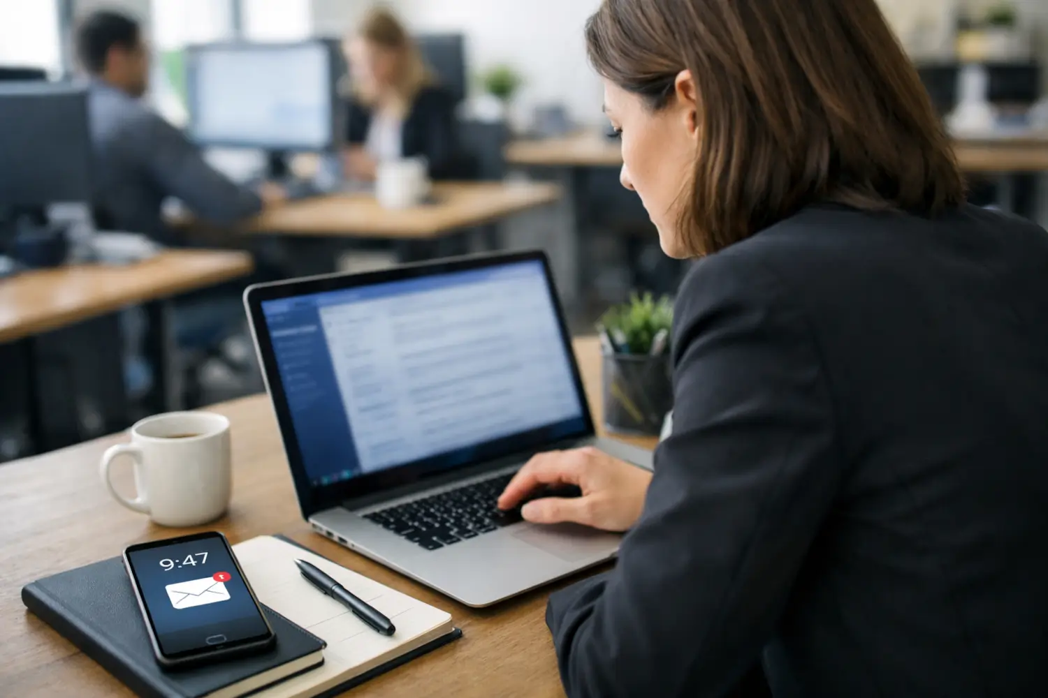 Email marketing services deliverability monitoring as a marketer reviews email messages on a laptop in a modern office.