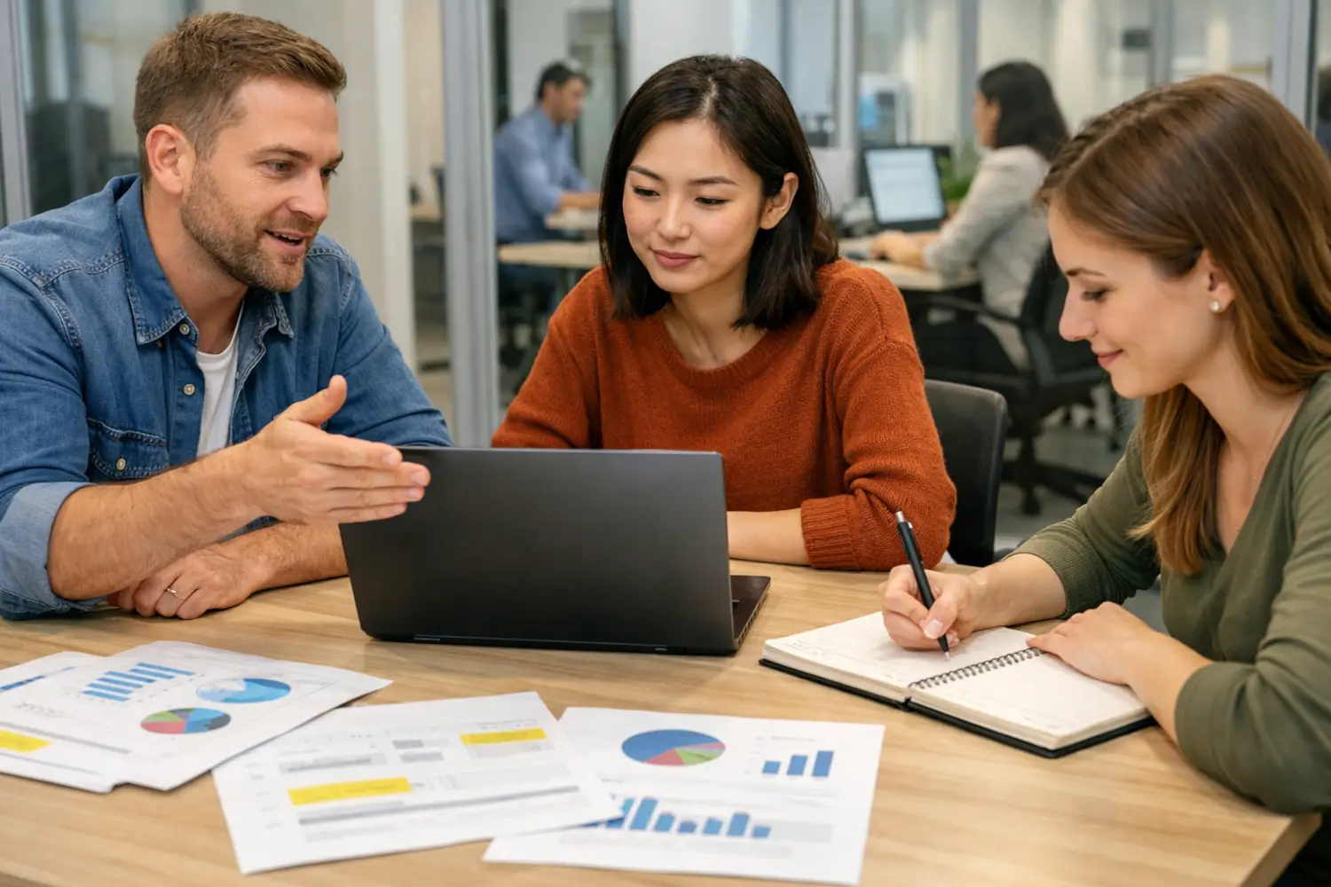 Email marketing services reporting meeting where a marketing team reviews campaign performance charts and optimisation strategies.