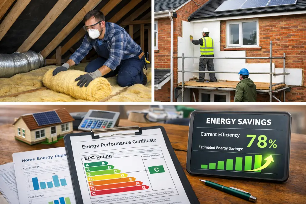 Energy efficiency and sustainability improvements including loft insulation installation, external wall insulation and EPC energy performance certificate rating.