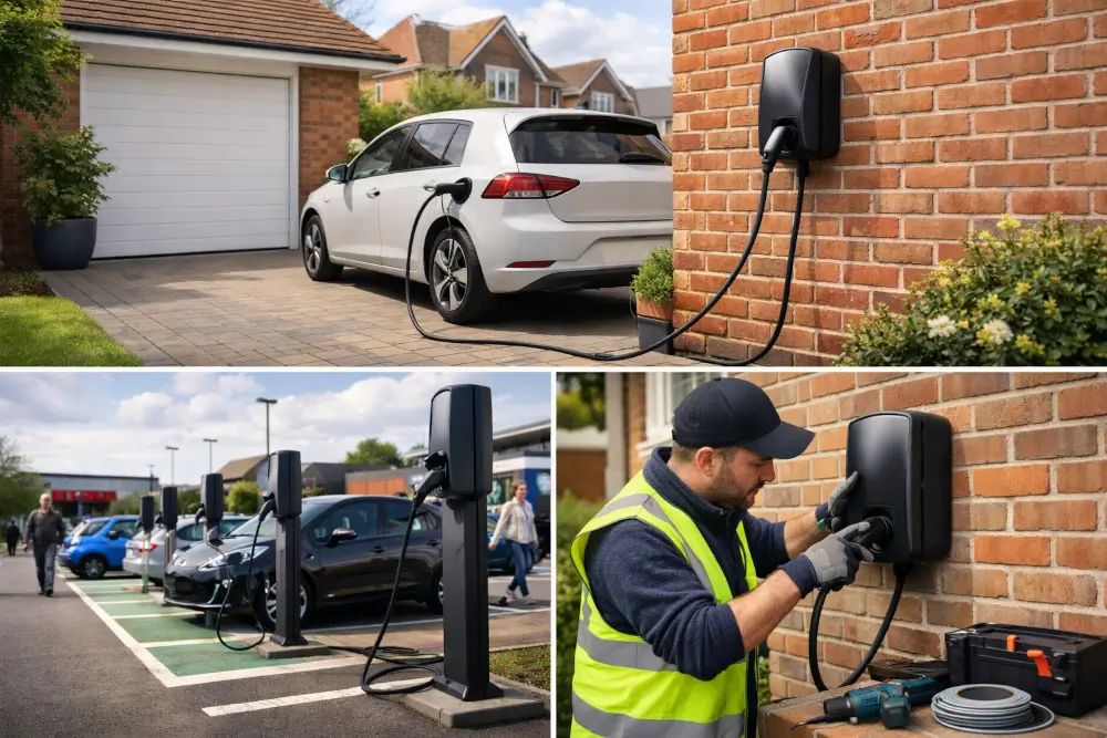 EV charging infrastructure including home wall charger with electric car, public EV charging stations in car park and installer fitting charging unit.