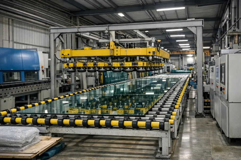 Glass manufacturing production line with automated vacuum lifter transferring large float glass panel on a roller conveyor system.