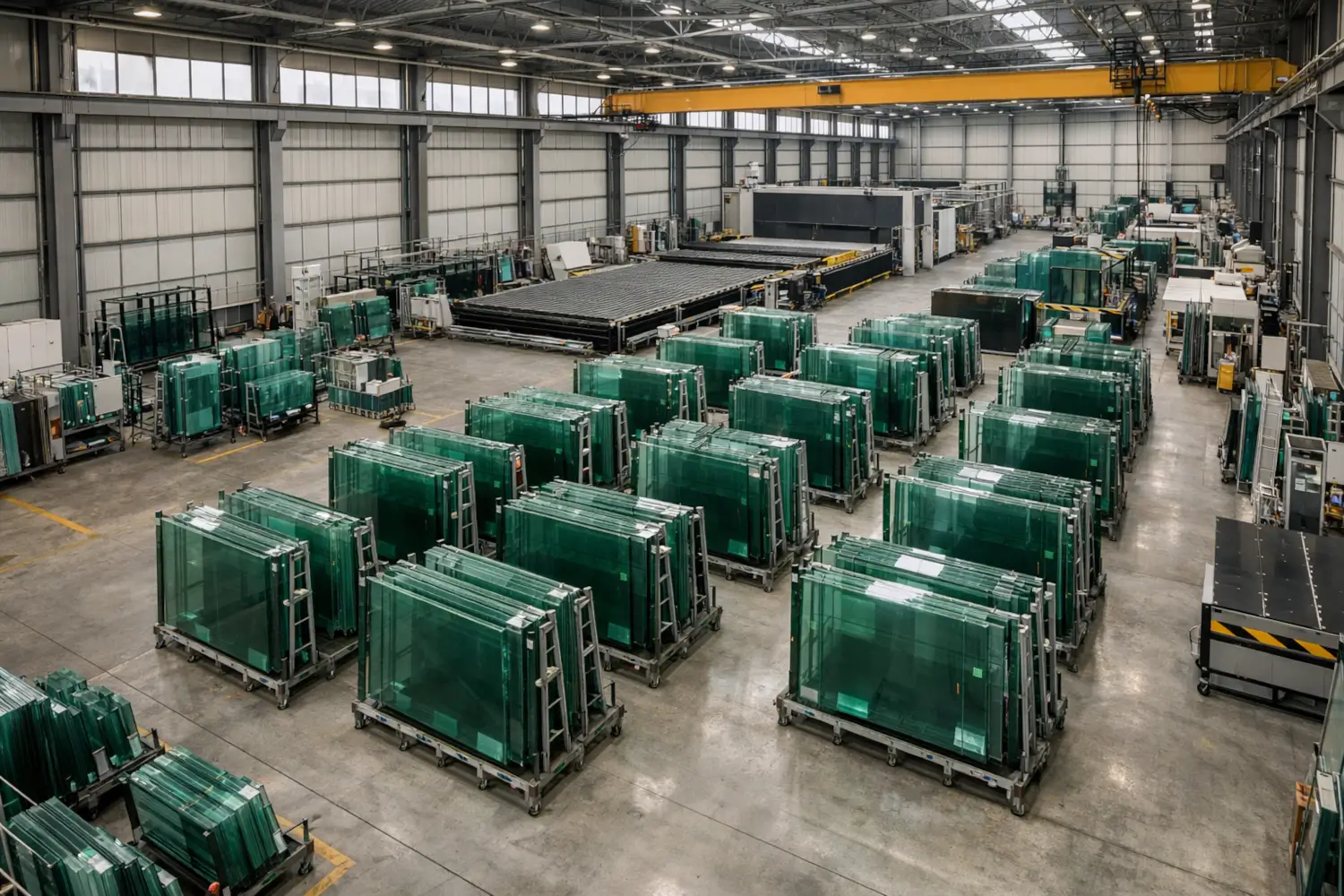 Architectural glass manufacturing factory with rows of glass panels stored in stillages and automated production lines in glazing plant.