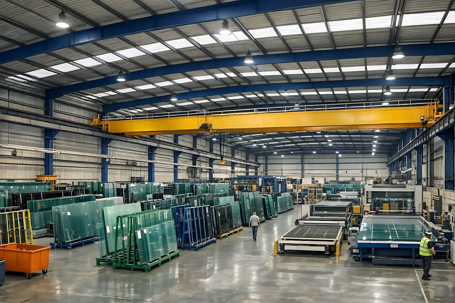 Large glass manufacturing factory with insulated glass unit production lines, glass storage racks and overhead gantry crane in glazing plant.