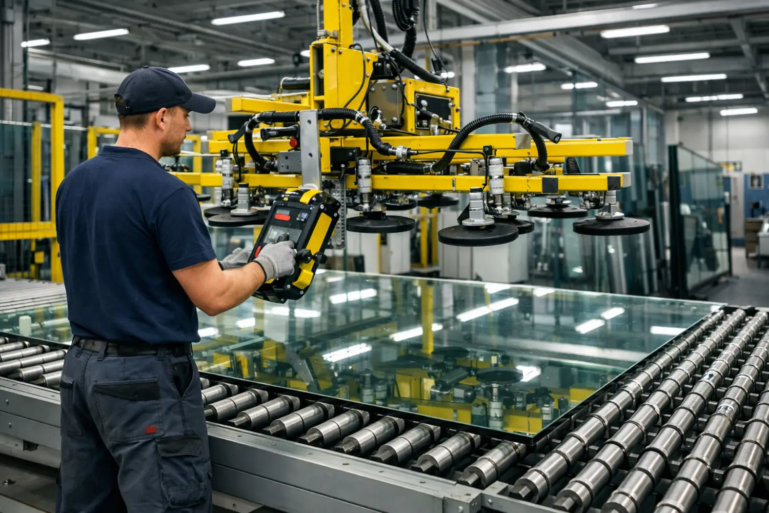 Glass manufacturing technician operating a vacuum glass lifting machine above a large glass panel on a roller conveyor in a glass processing plant.