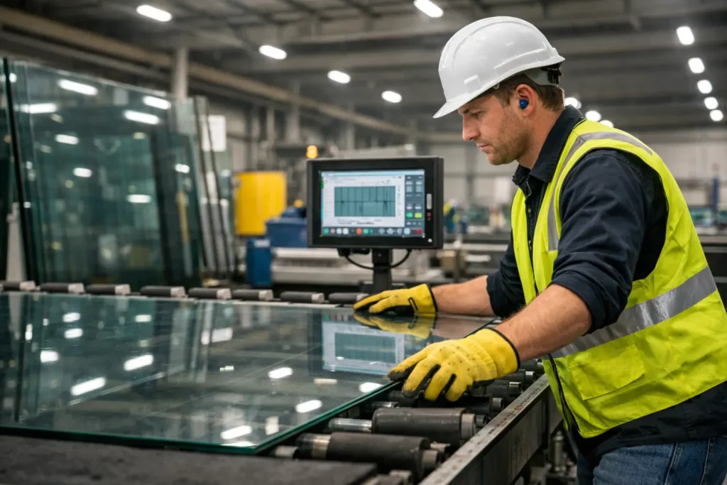 Glass manufacturing technician guiding flat architectural glass sheet on automated processing line inside a glass fabrication factory.