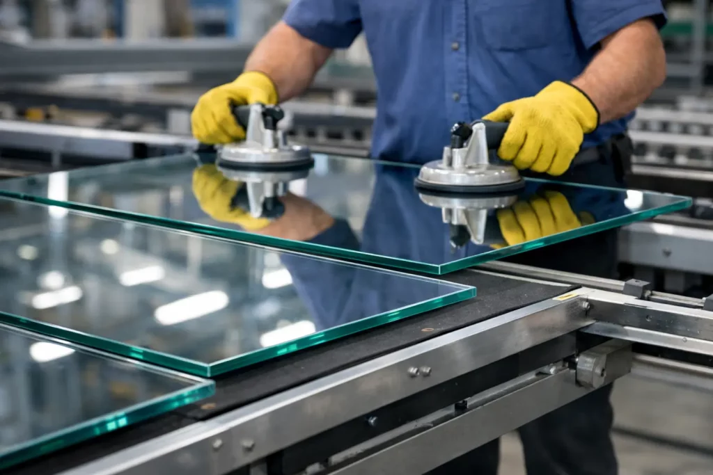 Technician using vacuum suction lifters to move flat glass panels on a glass manufacturing production line.