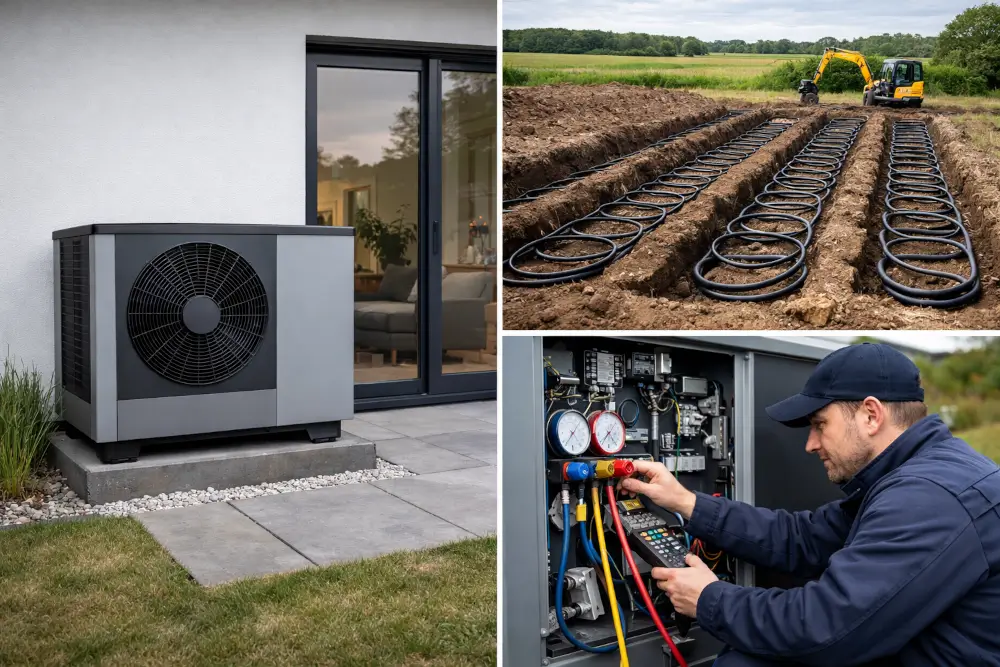 GSHP and ASHP technology installation showing air source heat pump unit, ground loop trenching and engineer servicing renewable heating system.