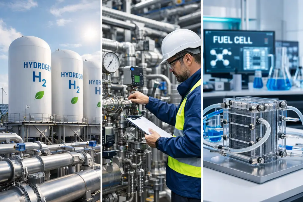 Hydrogen energy production facility with H2 storage tanks, engineer inspecting industrial equipment and fuel cell technology laboratory setup.
