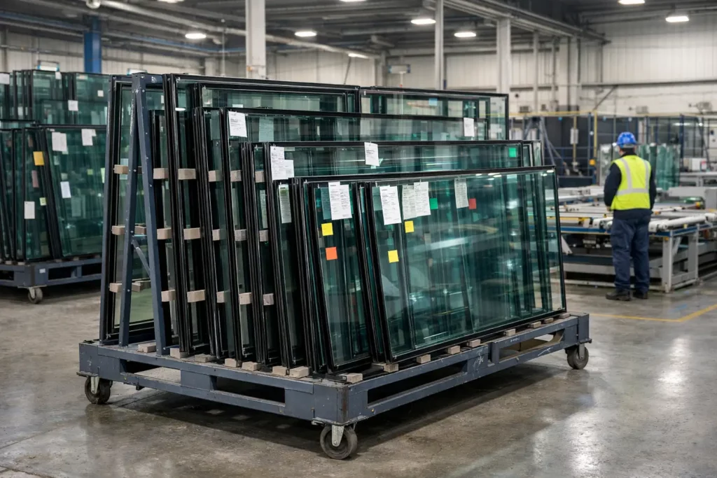 IGU manufacturer production rack holding insulated glass units inside a modern glass fabrication factory.