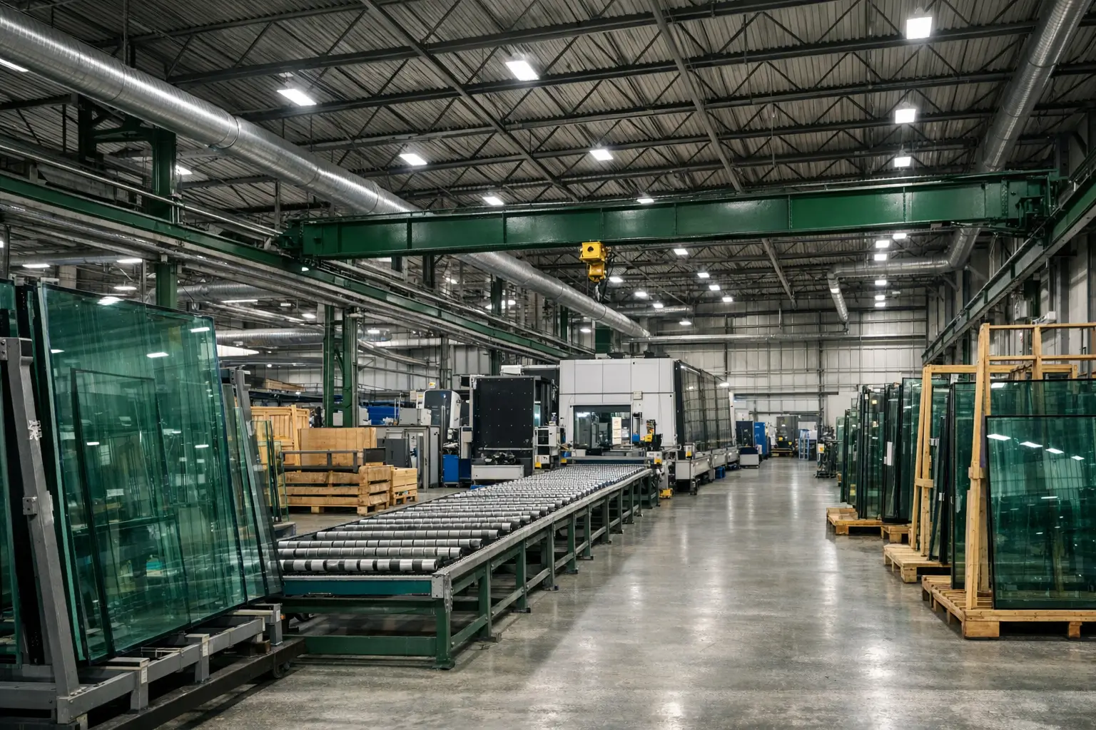 IGU manufacturers insulated glass production line inside modern glazing factory with conveyor system and large glass panels stored in racks