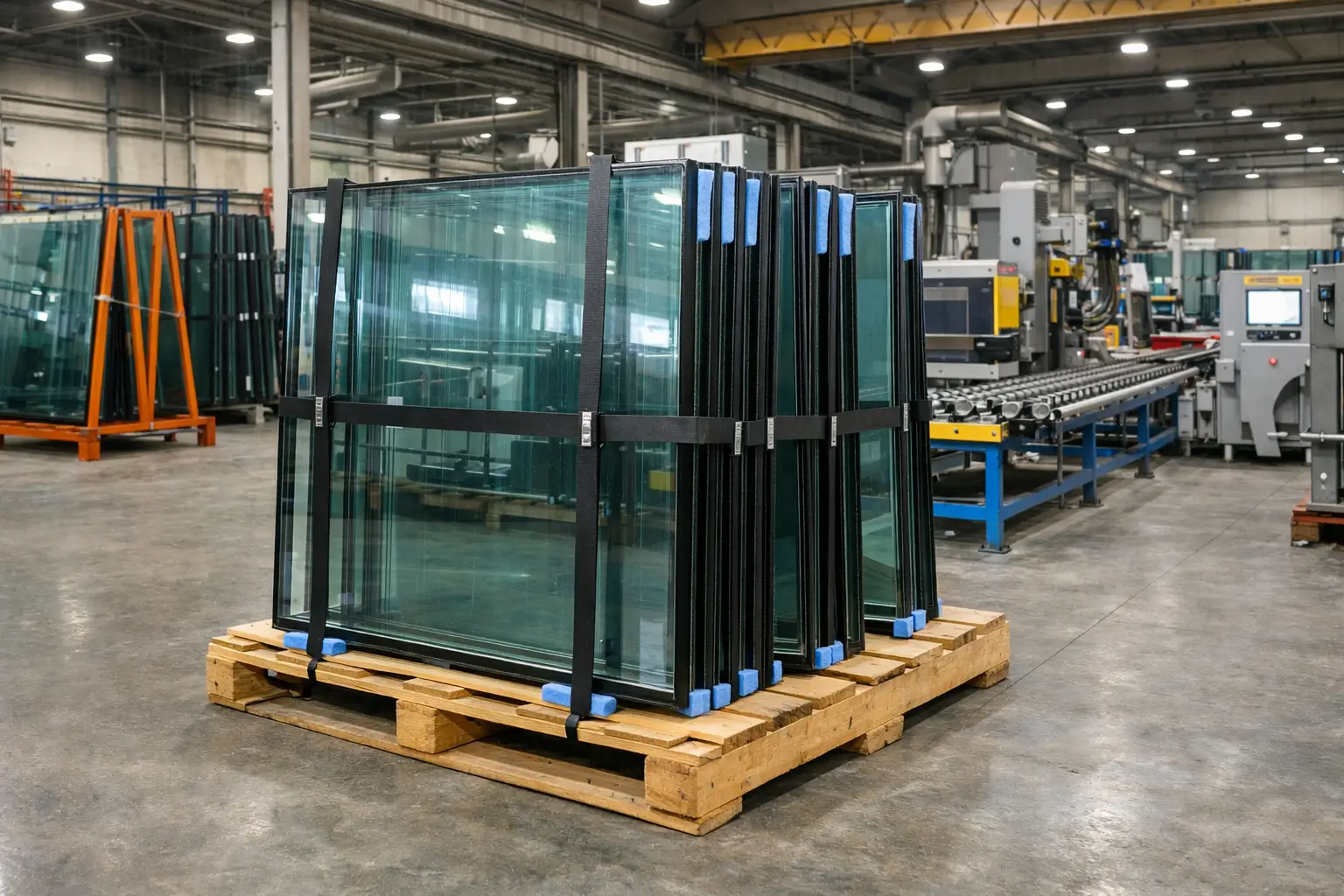 IGU manufacturers insulated glass units stacked vertically on pallet inside modern glass manufacturing factory with automated glazing production machinery