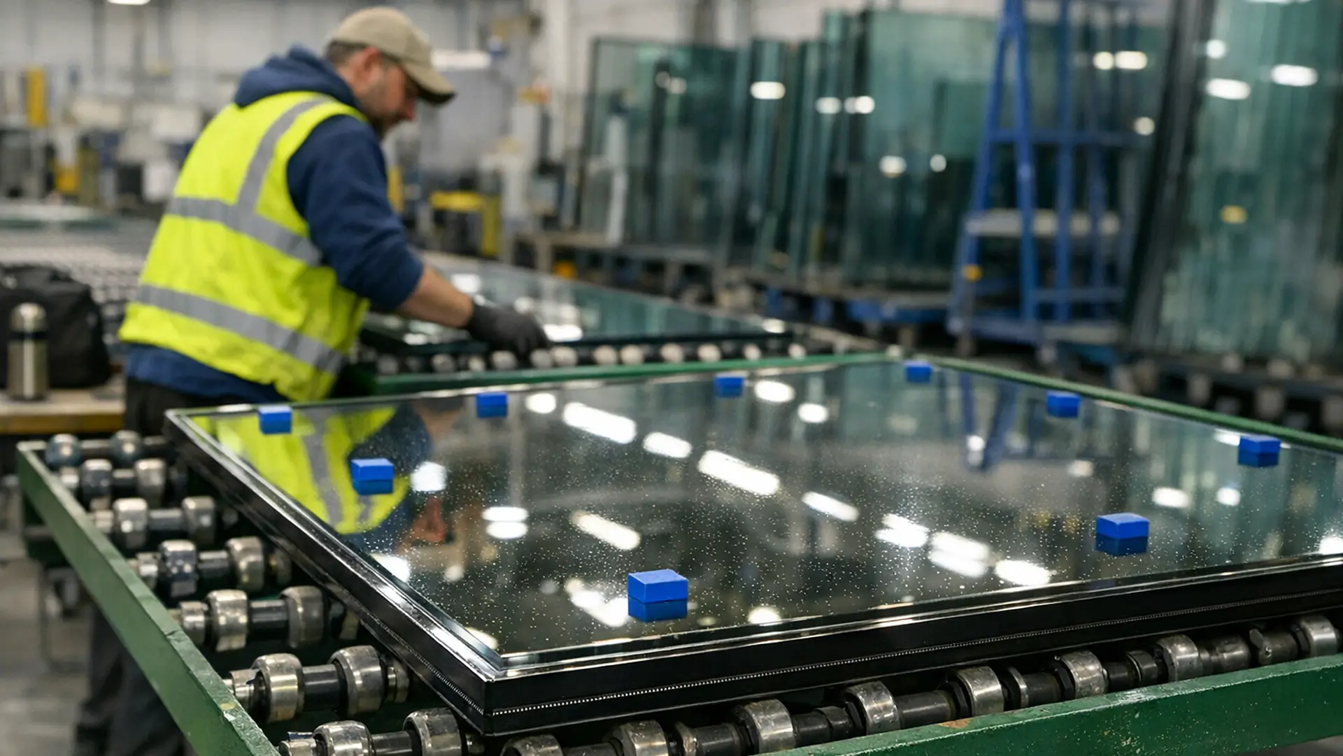 IGU manufacturers assembling insulated glass units on a glazing production line inside a glass manufacturing factory