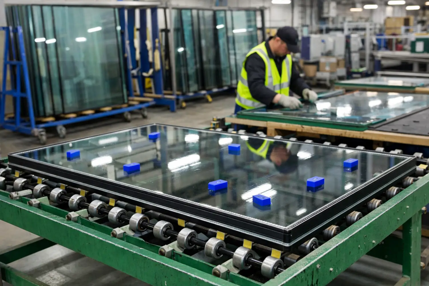 Insulated glass unit manufacturing on a roller conveyor in a glass factory with technician assembling double glazing panels.