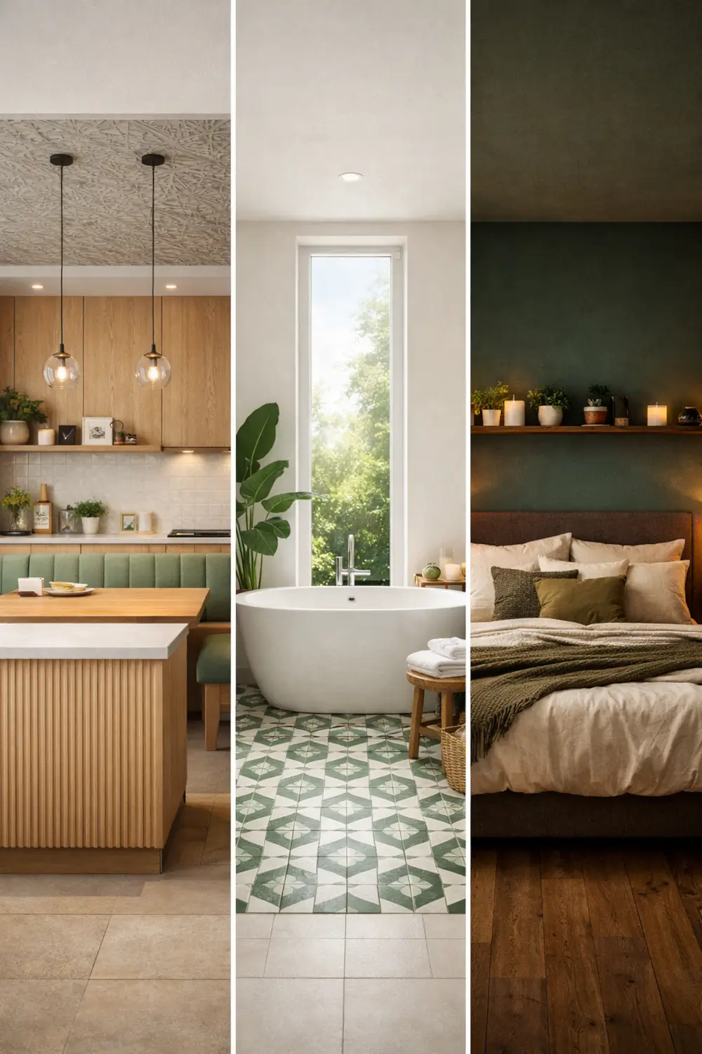 Kitchens bedrooms bathrooms interior design inspiration showing a modern kitchen island, freestanding bathroom bath with patterned floor tiles and contemporary bedroom styling used in KBB marketing campaigns for manufacturers and installers.