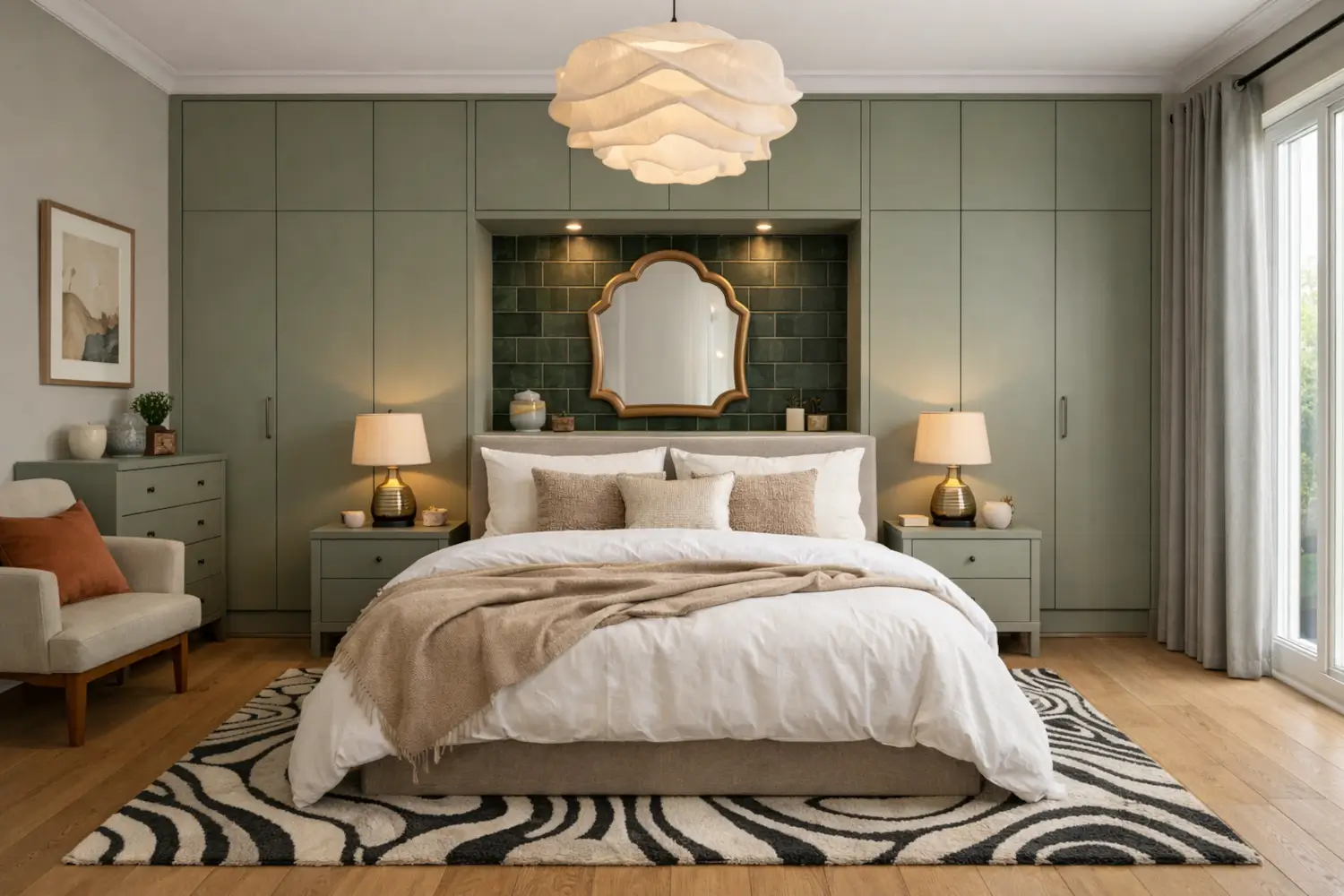 Modern fitted bedroom interior with sage green wardrobes and decorative feature niche, used as inspiration imagery for kitchens bedrooms bathrooms marketing agency campaigns promoting KBB interior design and home improvement services