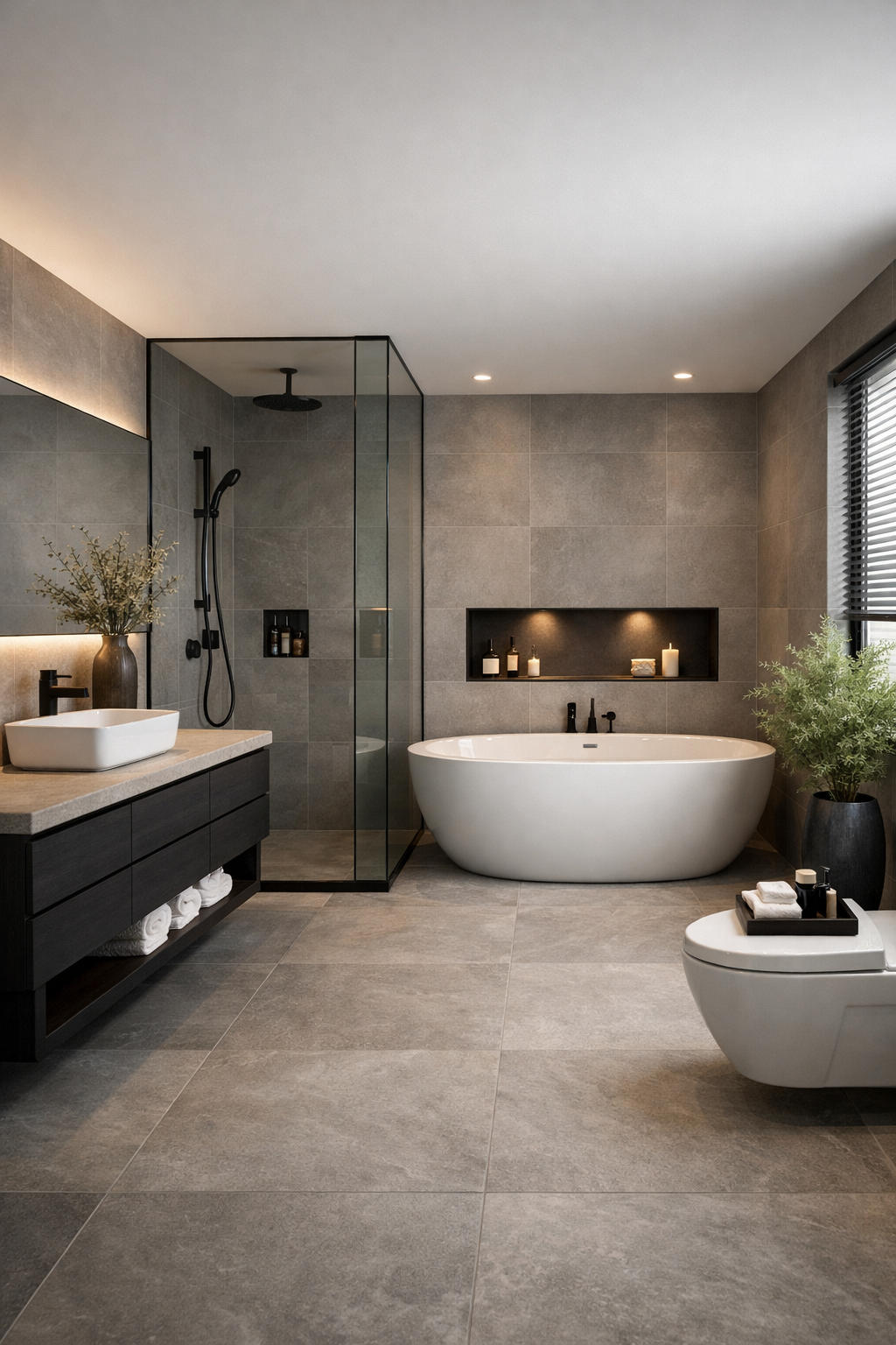 Modern grey luxury bathroom with freestanding bathtub, walk-in shower and contemporary vanity used as visual inspiration in kitchens bedrooms bathrooms marketing agency content for KBB interior design and home renovation services.