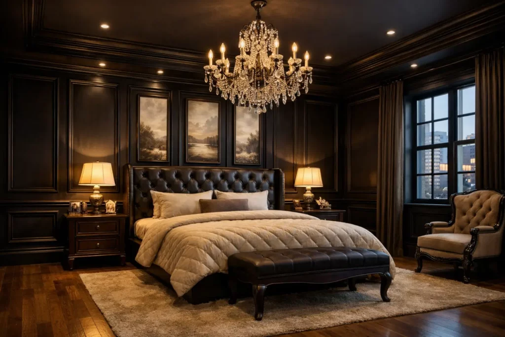 Luxury bedroom interior with dark panelled walls, tufted leather bed, crystal chandelier and elegant bedside lighting