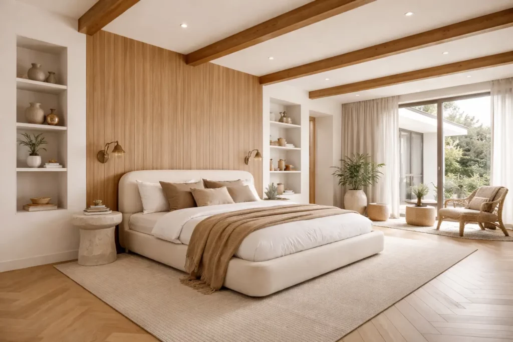 Modern bedroom design with natural wood feature wall, upholstered bed, built-in shelving niches, exposed ceiling beams and large sliding glass doors creating a calm contemporary bedroom interior.