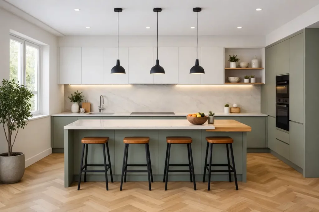 Modern kitchen design with sage green cabinets, large kitchen island with breakfast bar seating, marble splashback, pendant lighting and contemporary fitted kitchen layout.