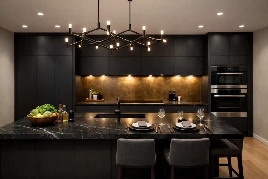 Modern luxury kitchen with black cabinets, marble island, integrated appliances and geometric pendant lighting