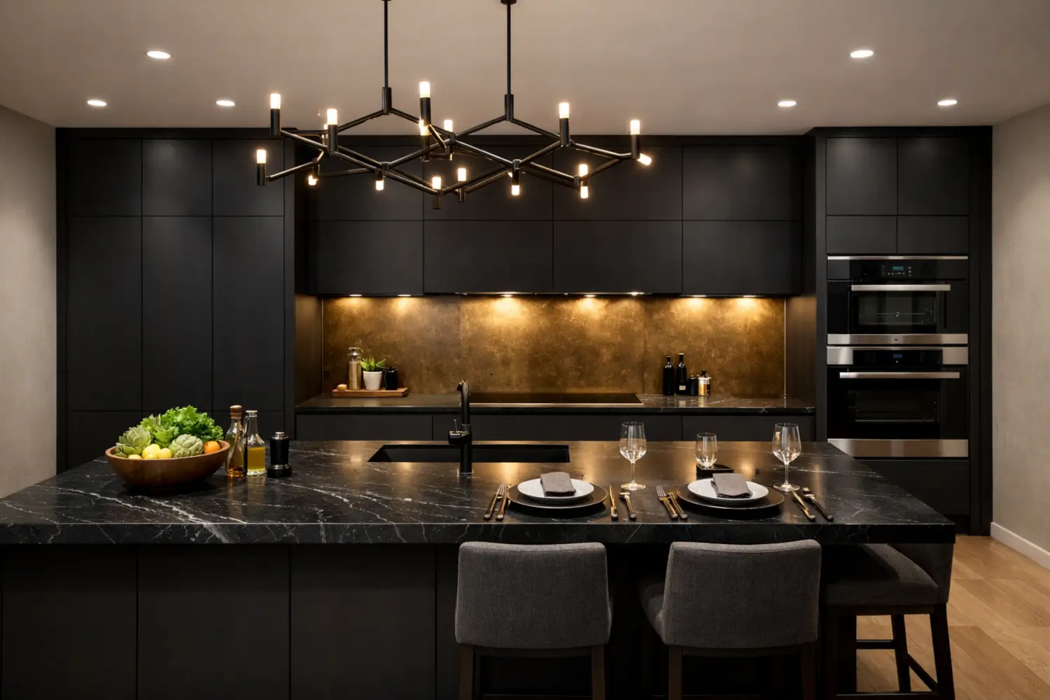 Modern luxury kitchen with black cabinets, marble island, integrated appliances and geometric pendant lighting