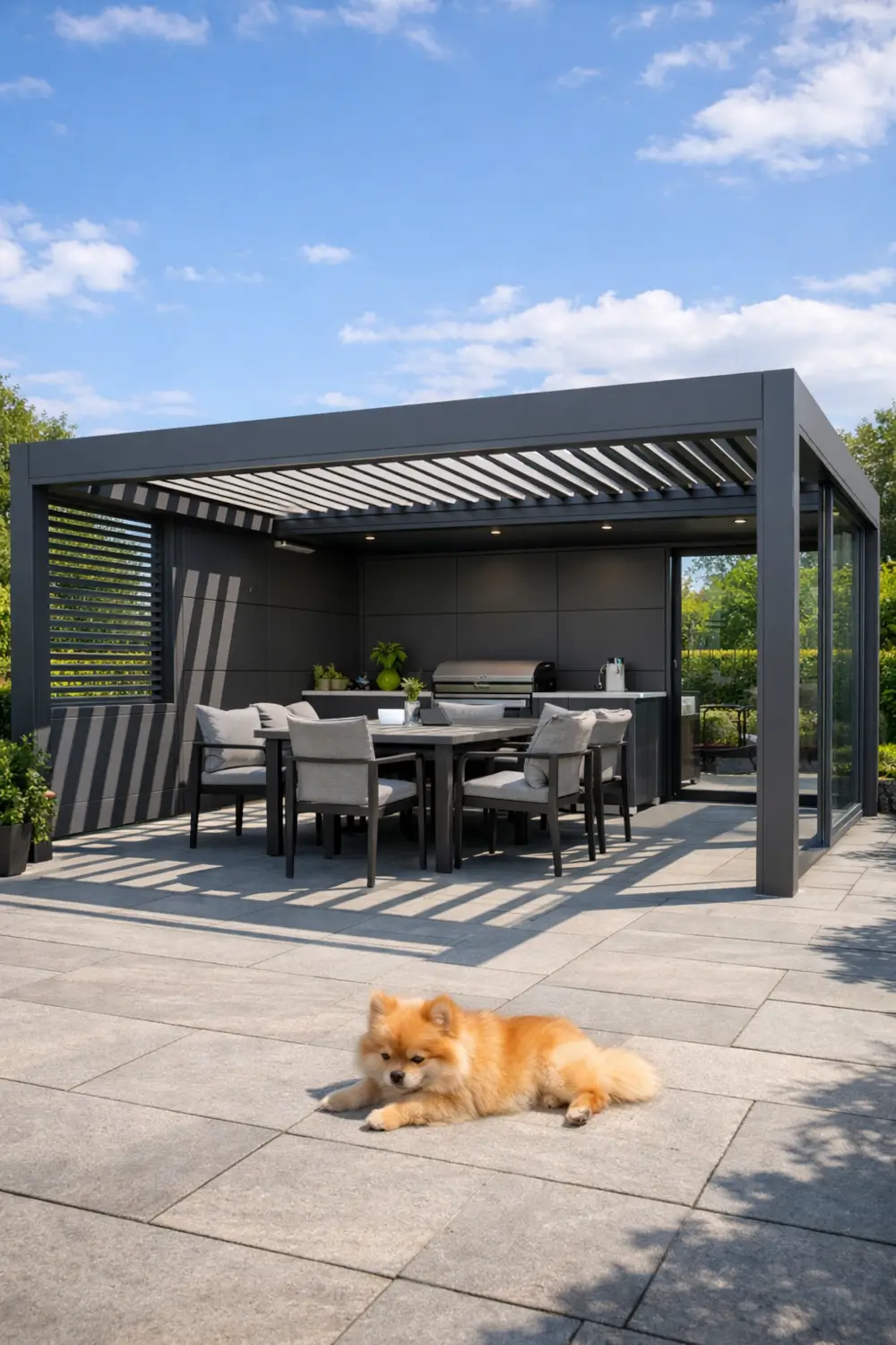 Outdoor living marketing example showing modern pergola with outdoor kitchen and dining area