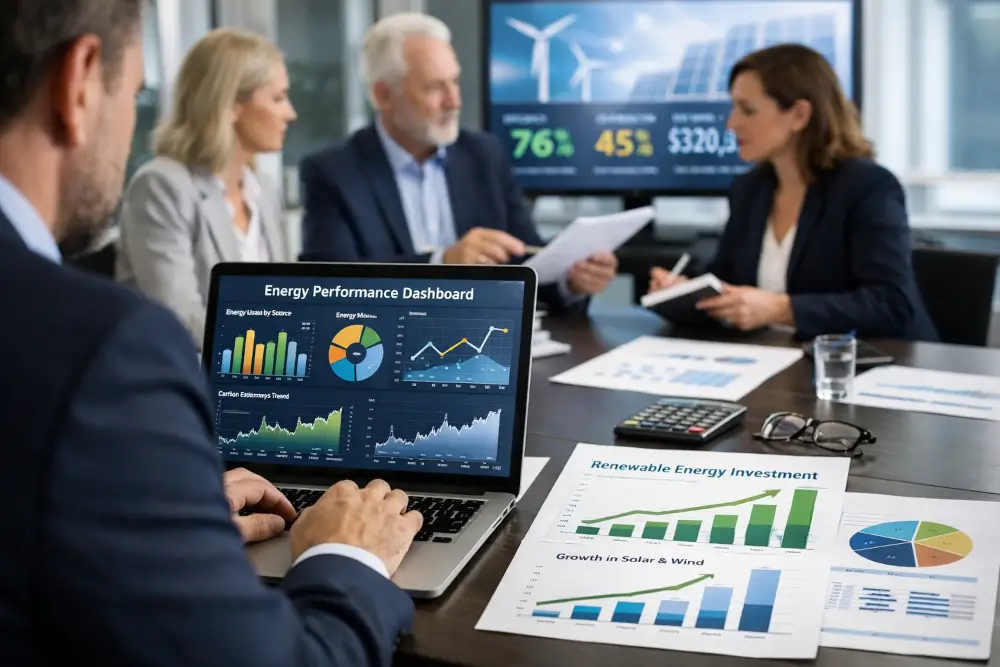 Renewable energy management and finance meeting reviewing energy performance dashboard and clean energy investment reports.