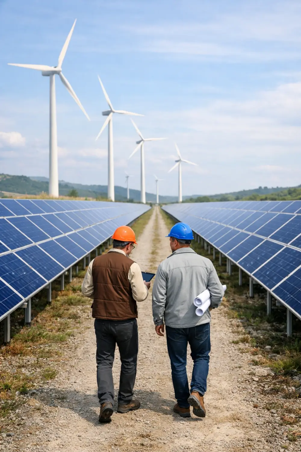 Renewable energy engineers walking between solar panel rows at a solar farm with wind turbines operating in the background.