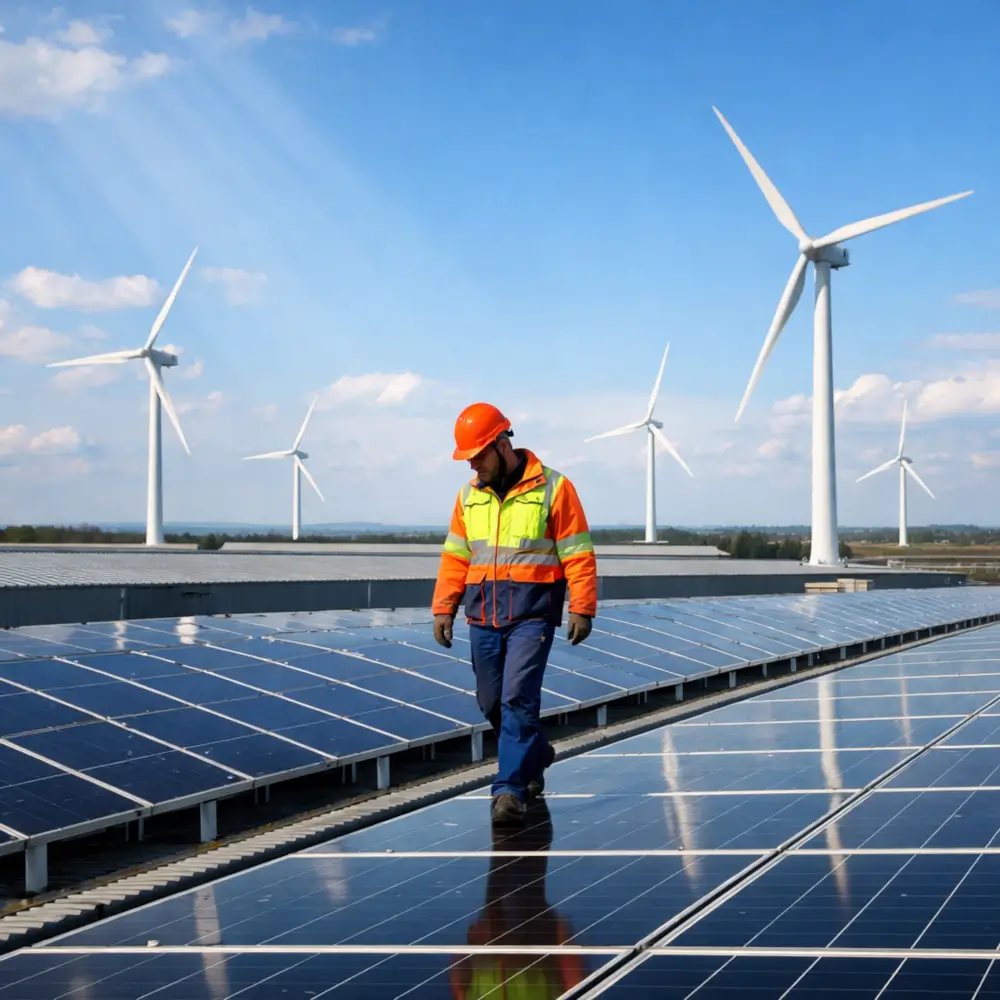 Renewable energy technician inspecting rooftop solar panels with wind turbines in the background at a large clean energy installation.
