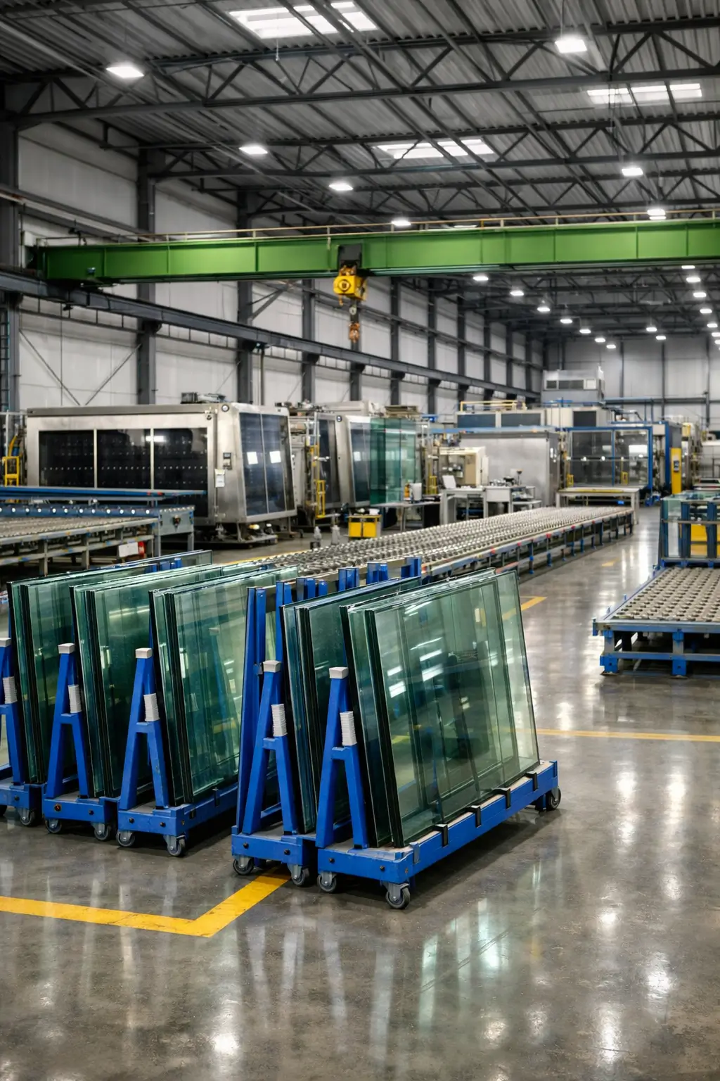 SEO for IGU manufacturers showing automated insulated glass production line with glass panels stored in racks inside a modern glazing manufacturing factory