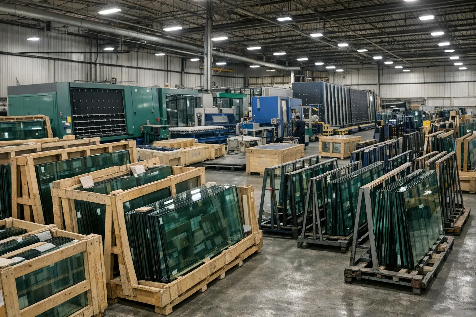 SEO for IGU manufacturers showing real insulated glass production factory with glass panels stored in wooden crates and automated IGU manufacturing machines
