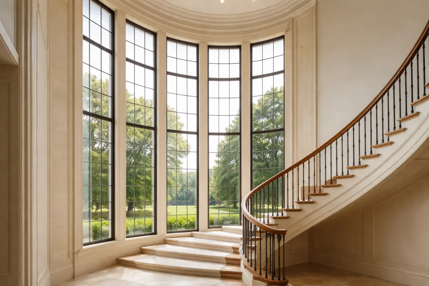 Snapchat marketing for home improvement businesses showing luxury curved staircase with tall bay windows and architectural glazing inside a renovated residential property
