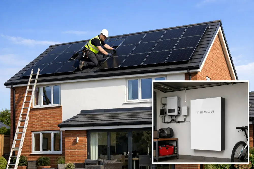 Solar PV and battery storage installation on a UK home with rooftop solar panels and wall-mounted domestic energy storage system.