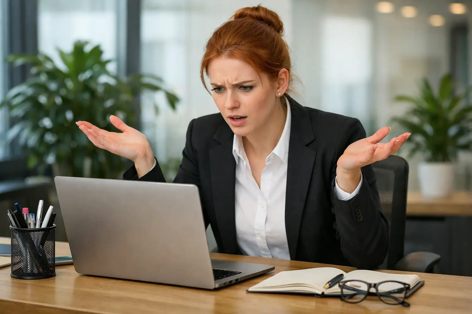 why is my marketing not working businesswoman looking confused at laptop while reviewing marketing results at office desk