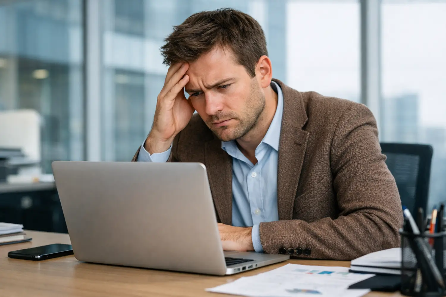 why is my marketing not working businessman analysing marketing results on laptop looking frustrated in modern office